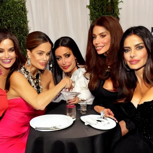 Image similar to candid group photo of sofia vergara and salma hayek and penelope cruz and catherine zeta jones and eva mendes, sitting at a table at an event, laughing