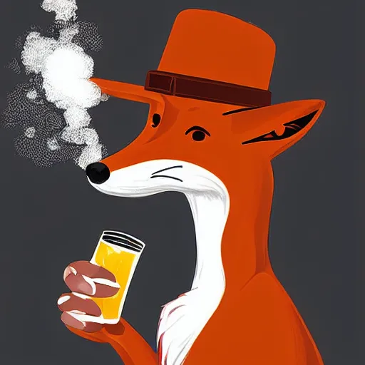 Image similar to a polygamous fox with a hat drinking beer and smoking e - cigarette, digital art, high details