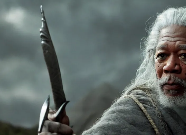 Prompt: morgan freeman starring as gandalf in lord of the rings, film still in the new batman movie, 4 k