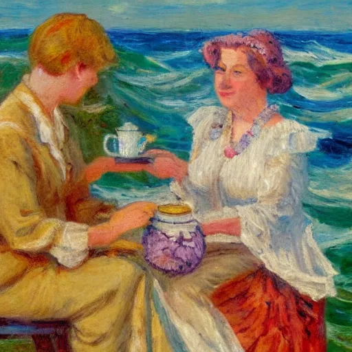 Image similar to an impressionist painting, The Queen of the Sea waves and her devoted servant octopus drink tea,