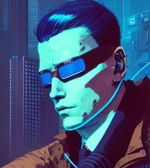 Image similar to cyberpunk synth - wave highly detailed portrait man corporate cyberpunk, by atey ghailan, by greg rutkowski, by greg tocchini, by james gilleard, by joe fenton, by kaethe butcher, dynamic lighting, gradient light blue, brown, blonde cream and white color scheme, grunge aesthetic