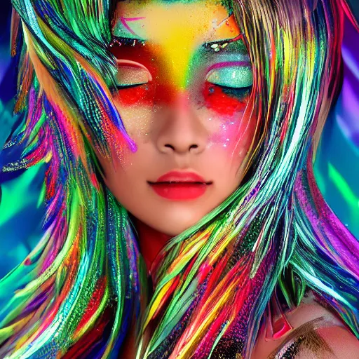 Image similar to japanese model with maximalist hair style and makeup, bright colors, fashion model, portrait shot, glitter, depth of field, 8 k, hyper detailed, intricate, trending on artstation