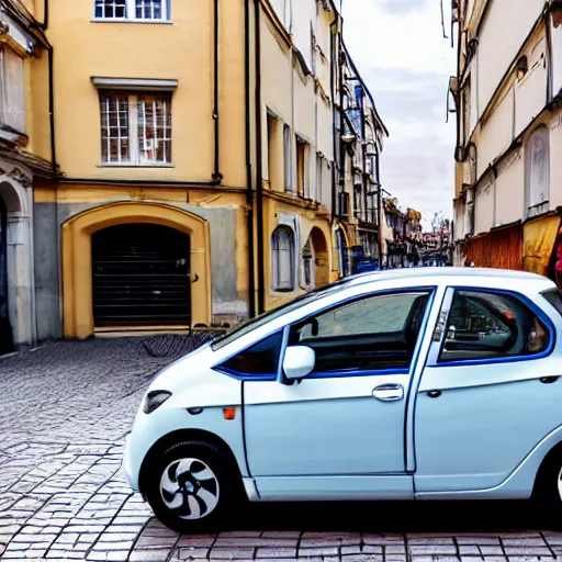 Prompt: compact honda car parked in a european city in manga style