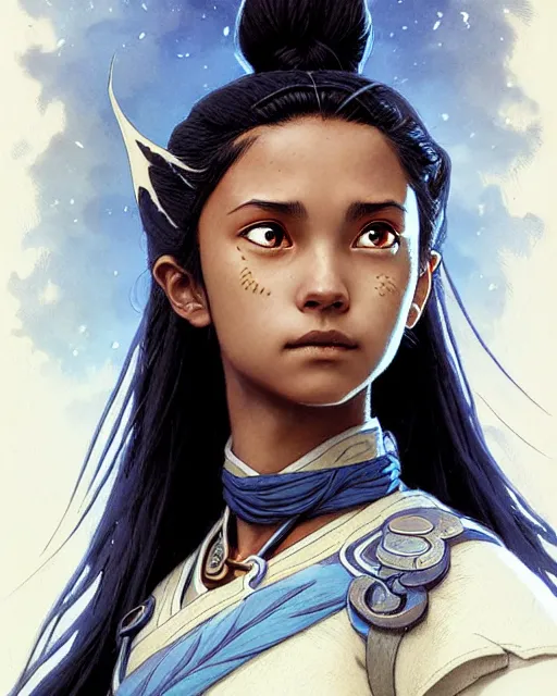 Image similar to katara from avatar the last airbender, character portrait, portrait, close up, concept art, intricate details, highly detailed by greg rutkowski, michael whelan and gustave dore