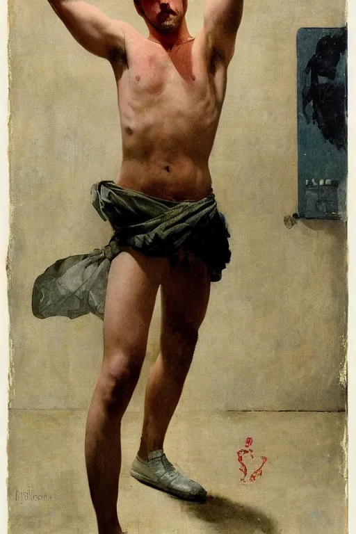 Image similar to body portrait of ryan gosling posing as a wrestler, colour painting by norman rockwell, guidi prime background by carl spitzweg