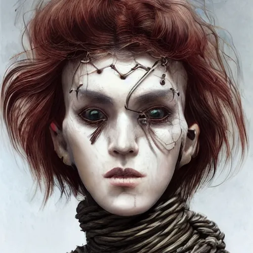 Image similar to portrait of a Shibari rope wrapped face and neck, headshot, insanely nice professional hair style, dramatic hair color, digital painting, of a old 15th century, old cyborg merchant, amber jewels, baroque, ornate clothing, scifi, realistic, hyperdetailed, chiaroscuro, concept art, art by Franz Hals and Jon Foster and Ayami Kojima and Amano and Karol Bak,