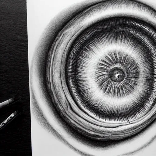 Prompt: hyper realistic pencil drawing of the human eye in the shape of snail shell, space background, unlimited detail, colored, space, dragon, intricate, detail, phoenix, orange