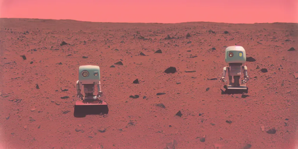 Prompt: analog polaroid of a lone robot on mars, cyan and light pink sky, color bleed, slight lens flare