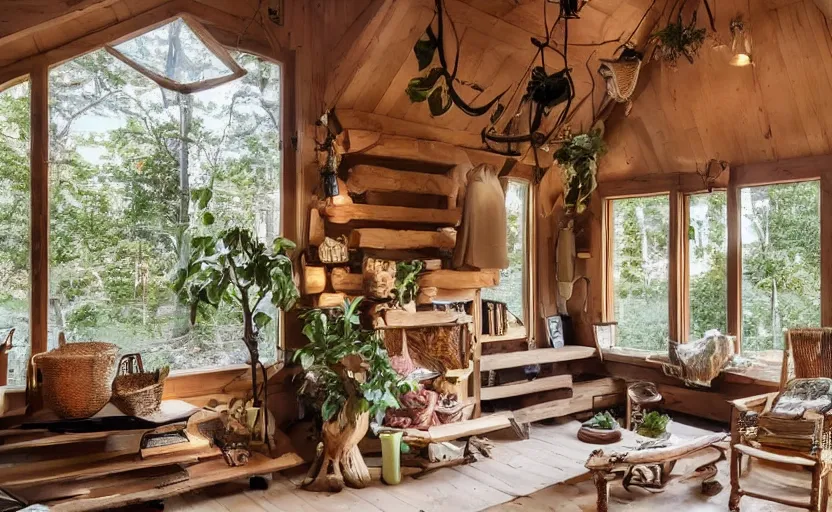 Image similar to cottage living room interior with a hammock and a witch cauldron, sunny, natural materials, rustic wood, window sill with plants, vines on the walls, dried herbs under the ceiling bookshelves, design