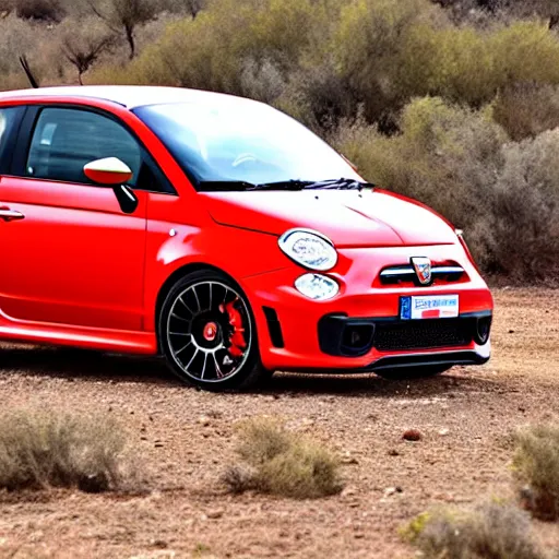 Prompt: a 2 0 1 0 abarth 5 0 0, abandoned in a desert, dusty, damaged, some rust