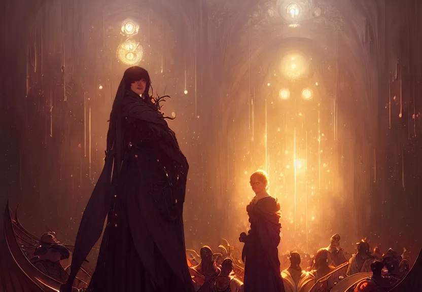 Image similar to the council of the first circle, fantasy magic, dark light night, intricate, elegant, sharp focus, illustration, highly detailed, digital painting, concept art, matte, art by wlop and artgerm and greg rutkowski and alphonse mucha, masterpiece