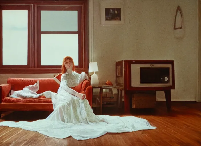 Prompt: kodak portra 4 0 0 photographic, 8 0 s living room, detailed, octane render, 4 k, hyper realistic, floor flooded, how river, a beautiful woman in a white lace dress like the pre - raphaelites is playing dead afloat, wide angle, sharp focus, soft light, volumetric light fog, in the style of gregory crewdson