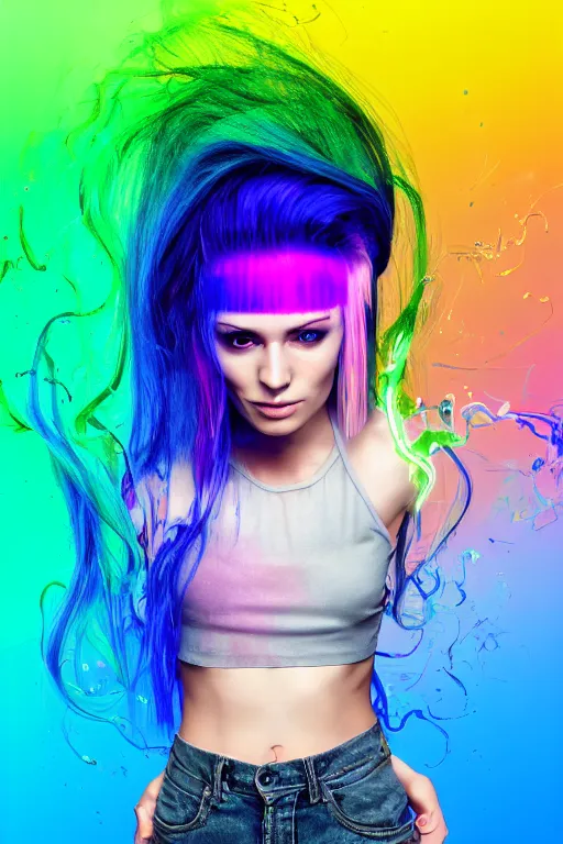 Image similar to a award winning half body portrait of a beautiful woman with stunning eyes in a croptop and cargo pants with rainbow colored ombre hairstyle head in motion and hair flying by thomas danthony, surrounded by whirling illuminated liquids and lines, outrun, vaporware, shaded flat illustration, digital art, trending on artstation, highly detailed, fine detail, intricate