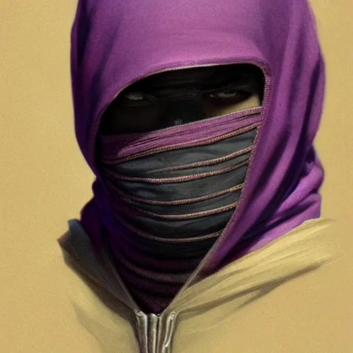 Image similar to ultra realistic illustration, man in a black hood, in a striped purple balaclava, mysterious, highly detailed, digital painting, artstation, concept art, smooth, sharp focus, illustration, art by artgerm and greg rutkowski and alphonse mucha