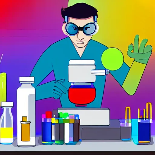 Prompt: character concept of a color scientist superhero mixing colors in his lab, detailed cinematic illustration digital art