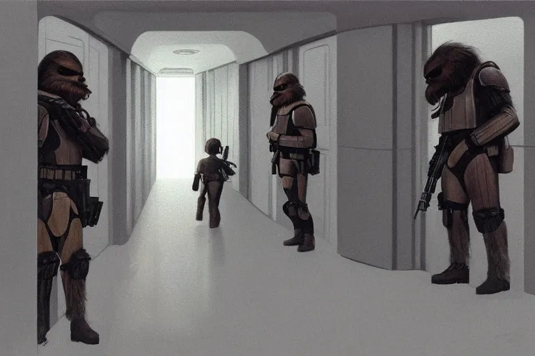 Image similar to ralph mcquarrie concept art, scene : int. death star - detention corridor, luke and leia crouch together in an alcove for protection as they continue to exchange fire with troops. han and chewbacca are barely able to keep the stormtroopers at bay at the far and of the hallway. the laserfire is very intense, and smoke fills the narrow cell corridor.