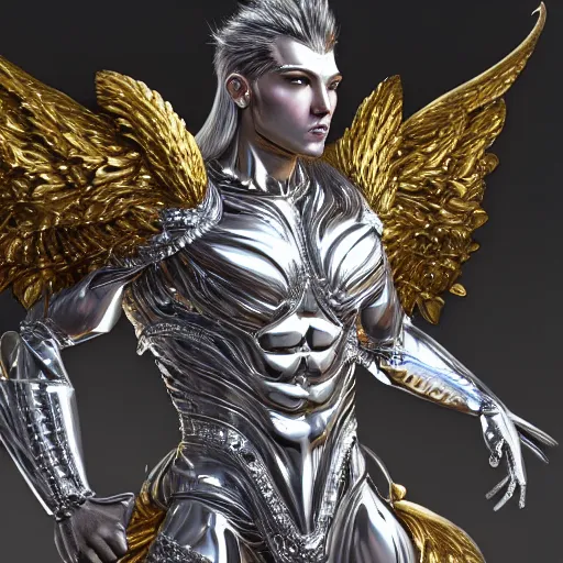 Image similar to a beautiful muscular male angel wearing a silver chrome armor with golden ornaments and diamonds jewelry by alex gray and android jones, karol bak, ayami kojima, amano, concept art, character design, fantasy, 3 d, 8 k resolution