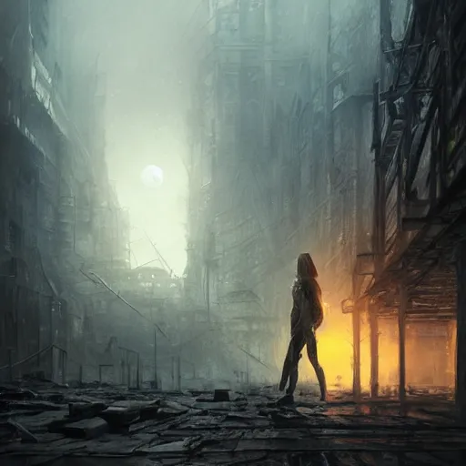 Image similar to A portrait of a gray eye girl, ruins of a destroyed city and a yellow-red full moon on background, techwear, dark, rainy atmosphere, natural volumetric light, intricate, highly detailed, digital painting, concept art, sharp focus, illustration, art by greg rutkowski, matte painting, trending on artstation