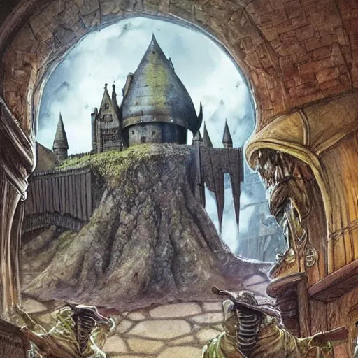 Prompt: Discworld \'s Death is teaching in Hogwarts, fantasy concept art by Jim Kay