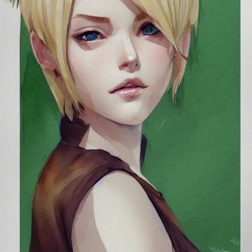 Prompt: short blonde haired girl, green eyes, artstation, watercolor, highly detailed, portrait, by krenz cushart
