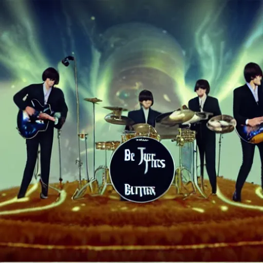 Prompt: the beatles playing a concert on jupiter to a crowd of aliens. photograph 8 k cinematic colored