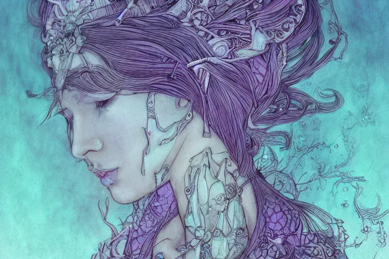 Image similar to fractal princess, in the style of Greg Broadmore and Arthur Rackham,trending on artstation, light lighting side view,digital art,surrealism ,macro,blueprint ,vaporwave ,