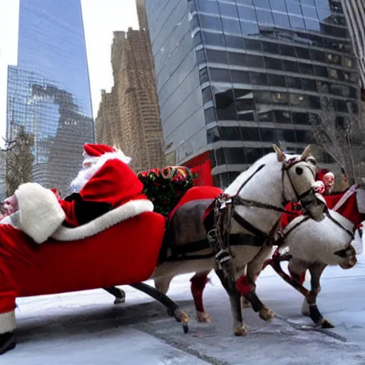 Image similar to santa claus in sleigh crashing directly into world trade center