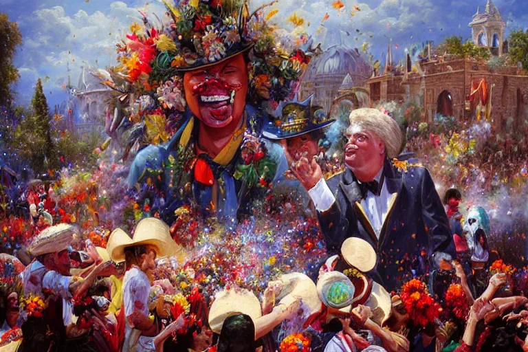 Image similar to portrait of rip taylor throwing confetti during a mexican funeral parade, an oil painting by ross tran and thomas kincade