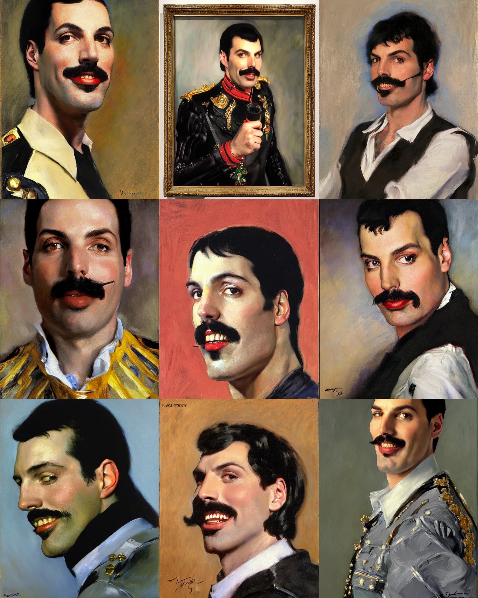 Prompt: freddie mercury smiling, plein air headshot portrait oil painting by donato giancola, john singer sargent, frans hals, mandy jurgens, fashion photography