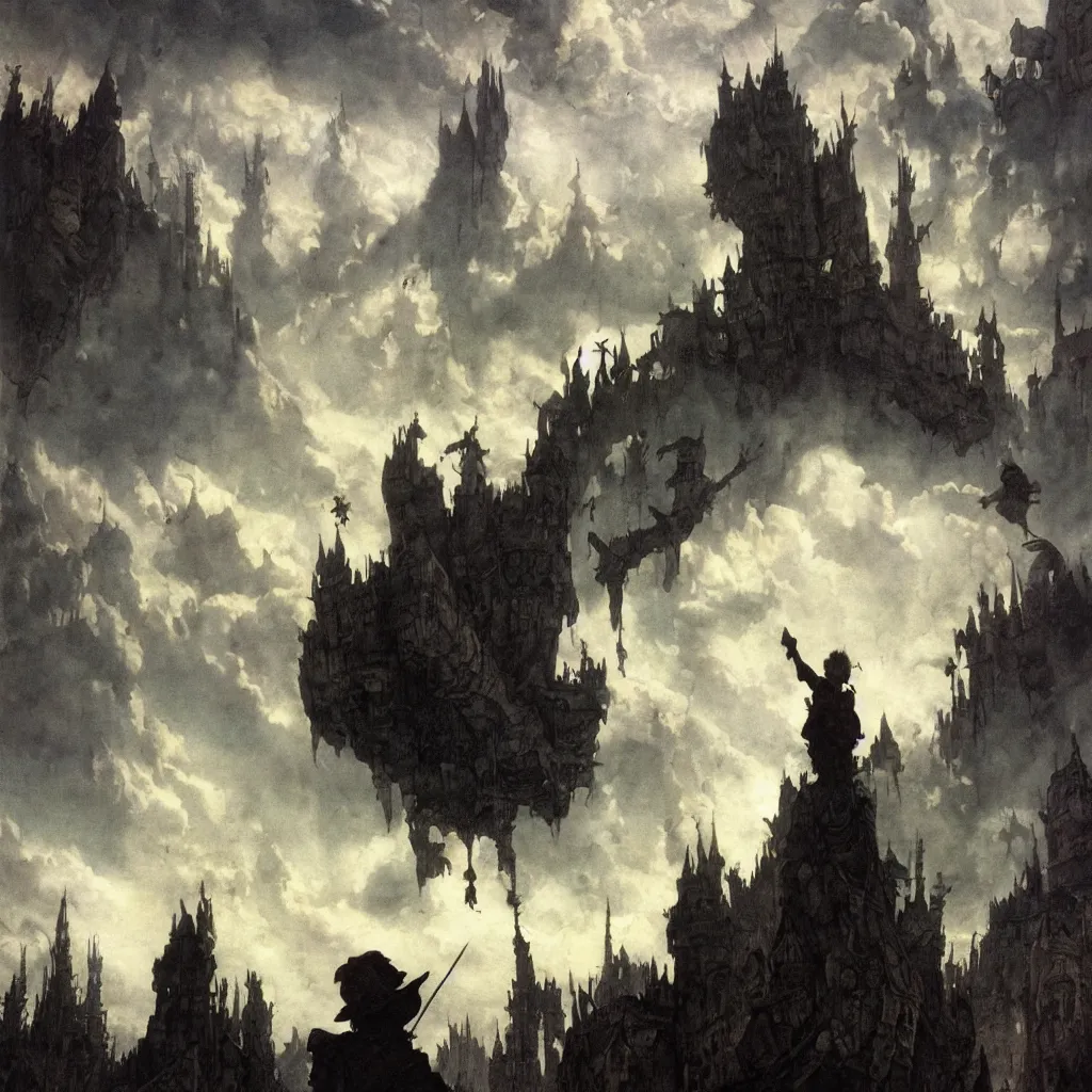 Image similar to Fantasy village, the inhabitant looking up at the sky. The sky is completely covered to the horizon by an incredibly huge airship-like ship. Extremely high detail, realistic, dark fantasy art, masterpiece, 8k, octane rendering, Arthur Rackham painting, art by Victoria Frances, Frank Frazetta.