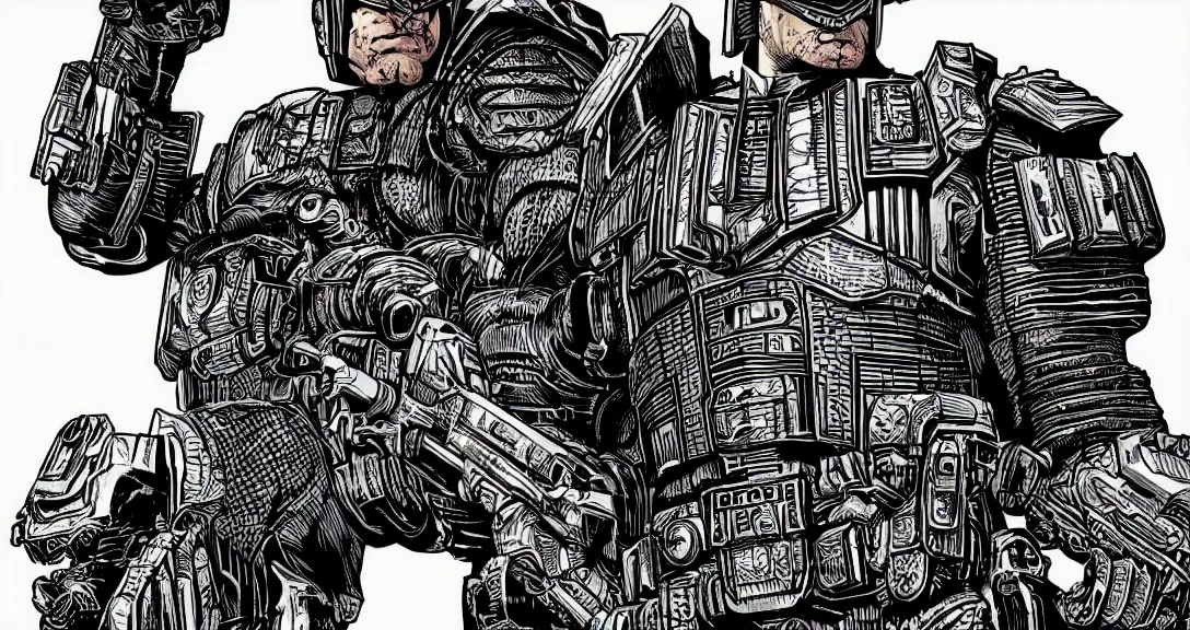 Image similar to lineart, colour, judge dredd, hyperdetailed, artstation