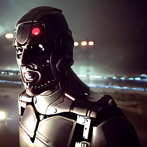 Image similar to movie still of a villain cyborg, facial expression, cinematic composition, cinematic light, surreal cinema, by edgar wright and david lynch,