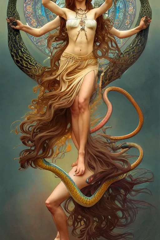 Prompt: angels that look like hippies dancing with snakes, fantasy, amber eyes, face, long hair, intricate, elegant, highly detailed, digital painting, artstation, concept art, smooth, sharp focus, illustration, art by artgerm and greg rutkowski and alphonse mucha