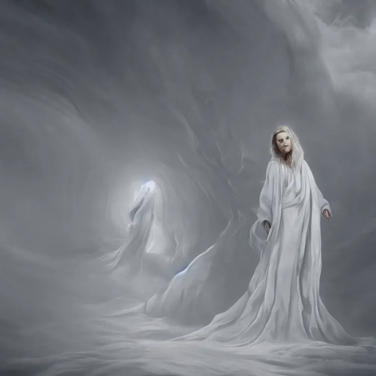 Prompt: octane render portrait by wayne barlow and carlo crivelli and glenn fabry, a woman wearing a giant huge long flowing billowing sheet of white silk, standing in a dark and moody beautiful western landscape, volumetric lighting, fog and mist, cinema 4 d, ray traced lighting, very short depth of field, bokeh