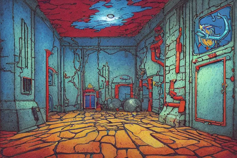 Prompt: staticky POINT PERSPECTIVE DUNGEON Atopodentatus ROOM, painted by Edward Gorey and Moebius and Greg Rutkowski and Paul Wenzel and George Barr and Stephen Youll,trending on artstation, iridescent cool blue and cyan and red and blue and yellow and green lighting front view futuresynth , outrun , vibrant colors, Sabattier filter , Watercolor