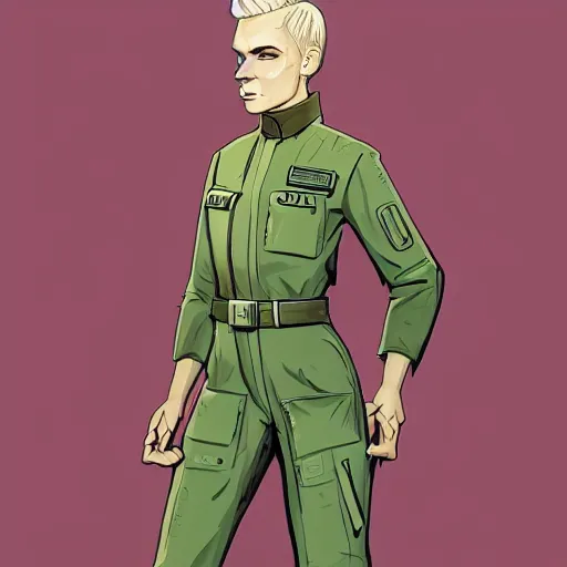 Image similar to character concept art of heroic stoic emotionless butch blond handsome woman engineer with very short slicked - back butch hair, narrow eyes, wearing atompunk jumpsuit, retrofuture, highly detailed, science fiction, illustration, pulp sci fi