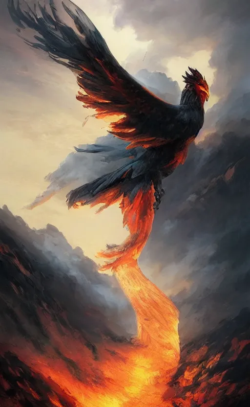 Prompt: a beautiful artwork illustration, the birth of a phoenix, ash and dust, fiery theme, volumetric fog, godrays, high contrast, high contrast, high contrast, vibrant colors, vivid colors, high saturation, by Greg Rutkowski and Jesper Ejsing and Raymond Swanland, featured on artstation, wide angle, vertical orientation