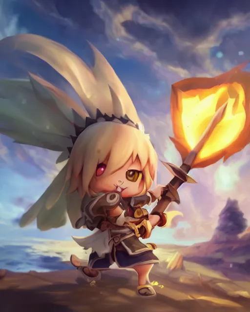 Image similar to oil painting of a cute chibi MapleStory warrior,, attacking, casting a spell with a spear, wearing a MapleStory warrior outfit, sharp focus, fantasy style, octane render, volumetric lighting, 8k high definition, by greg rutkowski, highly detailed, trending on artstation, magic the gathering artwork, Perion background from MapleStory, centered