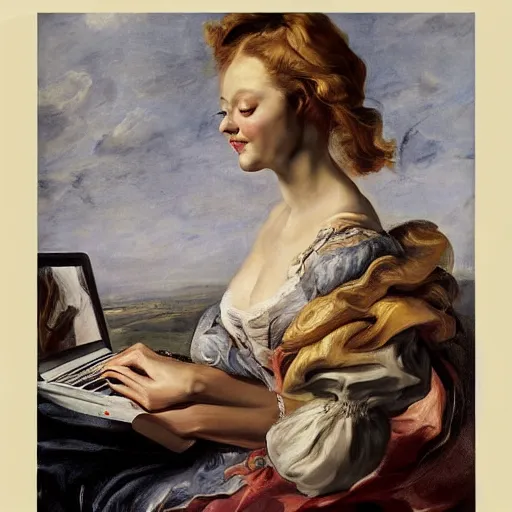 Image similar to heavenly summer sharp land sphere scallop well dressed lady working on her laptop auslese, by peter paul rubens and eugene delacroix and karol bak, hyperrealism, digital illustration, fauvist, looking at her imac laptop