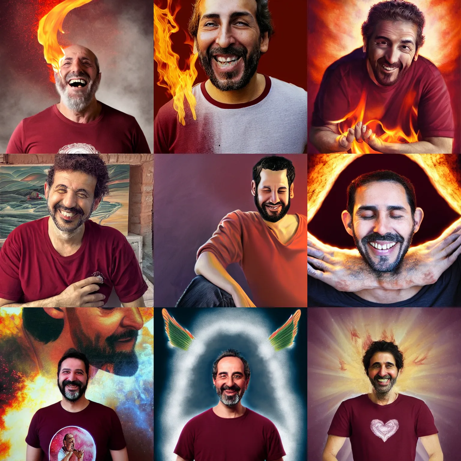 Prompt: a happy white spanish - algerian man in his early 4 0 s, heavenly fire is enveloping his body and head, the man is wearing a t - shirt of burgundy color, art by artgerm