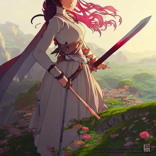 Image similar to the knight and the sword of rose petal, anime, castle core, mountains, rocky roads. by hayao miyazaki and rossdraws and artgerm and greg rutkowski and alphonse mucha and studio ghibli and ilya kuvshinov. high quality, stunning, intricate detailed environment. 8 k