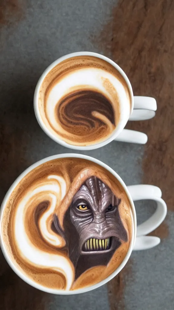 Image similar to a mug of coffee with a portrait of jar jar binks in it. style of latte foam art. color harmony, 8 k detail, gallery quality, hd wallpaper, premium prints available, hyper - detailed, intricate design.