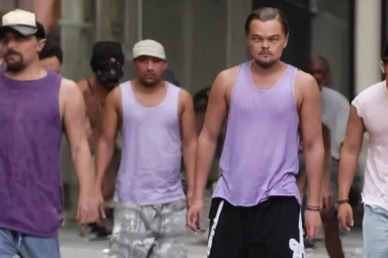 Image similar to medium full shot of leonardo dicaprio as a gang member wearing a purple head covering made from a polyester or nylon material and a stained white tank top caught beating up a rival gang member with his goons, arms covered in gang tattoo, paparazzi, leaked footage, uncomfortable, bad quality