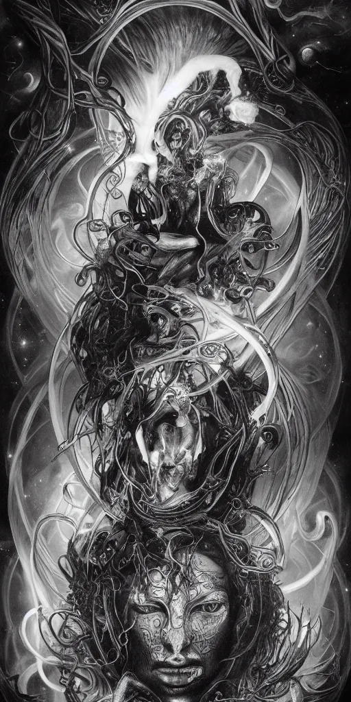 Image similar to intense glowing black metal pagan god with tentacles and intense black eyes in very dark cosmic space nebula by karol bak and alphonse mucha and h r giger, portrait, fantasy, clear, light beams, lens flare, soft, uhd, amazing depth, cinematic lighting, purple and blue and black and white and metallic silver