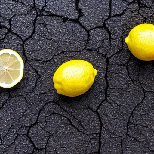 Prompt: lemons stuck in wet asphalt