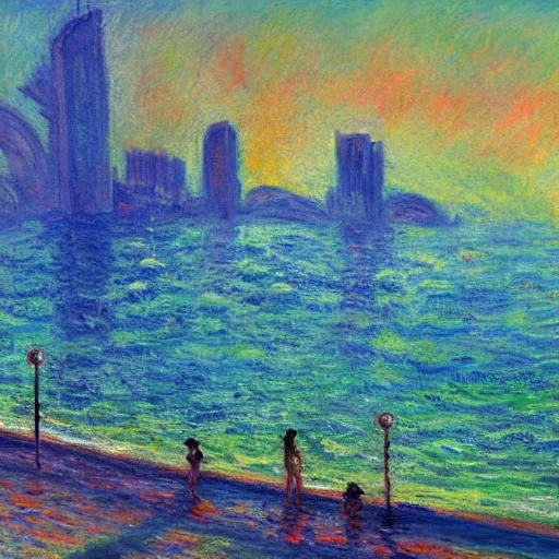 Image similar to cyberpunk rio de janeiro copacabana beach painted by monet