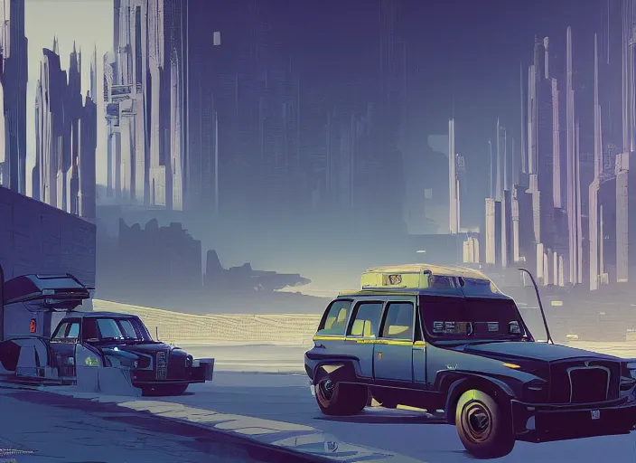 Image similar to a sport sedan truck in a future city. style by peter elson and eyvind earle.