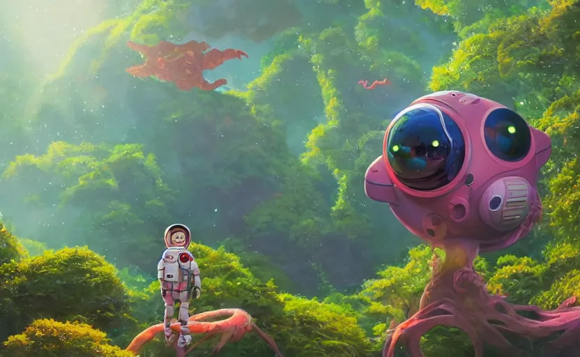 Image similar to a still of a cute adorable tiny astronaut, on a planet of lush colorful foliage, with an enormous kaiju dragon surrounding the full background, magical forest, sharp focus, neon backlit, highly detailed, disney pixar studio ghibli makoto shinkai, digital painting, matte, octane render, global illumination, iridescent, anime, 8 k concept art