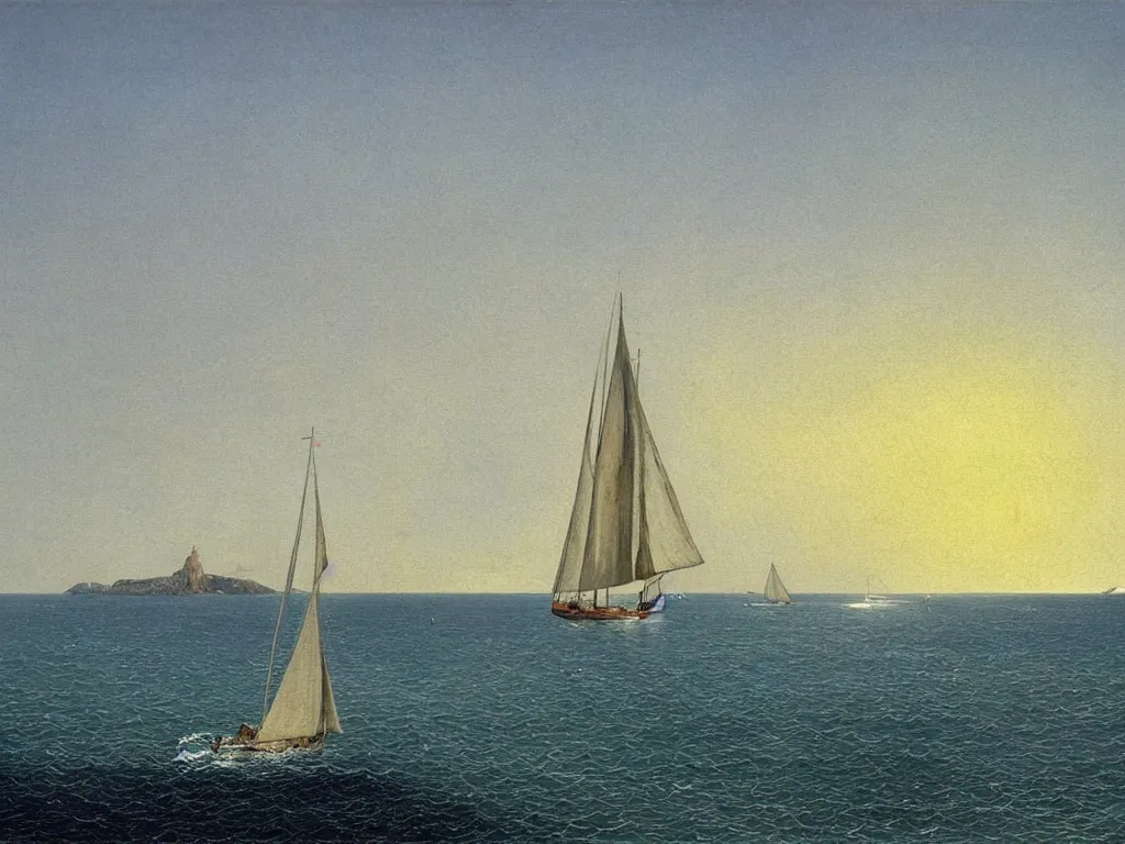 Prompt: A modern white sailing boat on the sea in the Esterel. Painting by Caspar David Friedrich, Roger Dean, Walton Ford