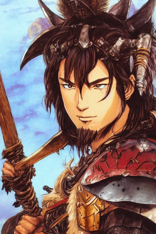 Image similar to A realistic anime portrait of a young handsome male barbarian with long wild hair, intricate fantasy spear, plated armor, vivid colors, colored, D&D, dungeons and dragons, tabletop role playing game, rpg, jrpg, digital painting, by Frank Frazetta and Yusuke Murata, concept art, highly detailed, promotional art, HD, digtial painting, trending on ArtStation, golden ratio, rule of thirds, SFW version